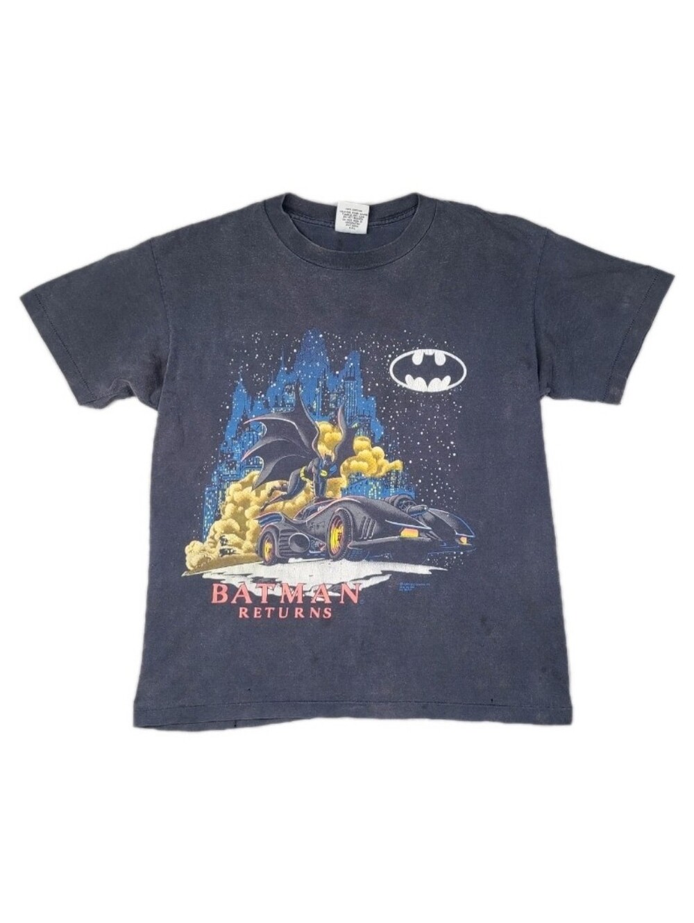 Vintage 1992 Batman RETURNS Batmobile Movie Promo T Shirt CRAZY SUN FADE Large